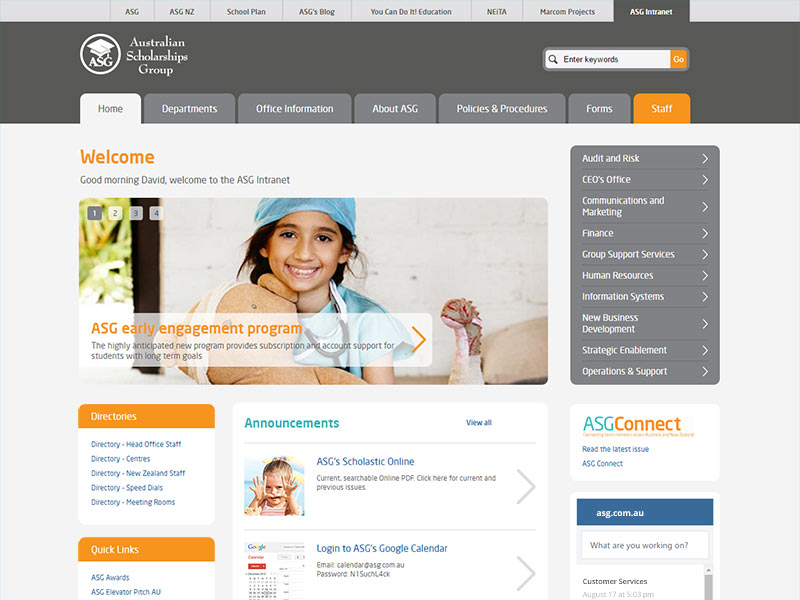 Australian Scholarships Group intranet home page