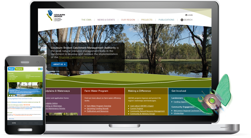 Laptop and smartphone screens displaying the GBCMA and Flood Victoria websites