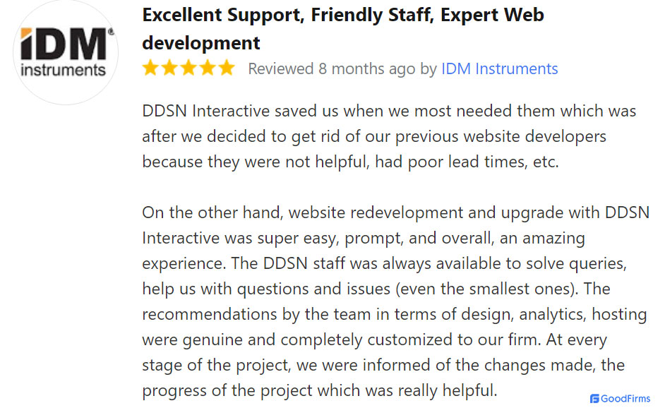 IDM Instruments reviews DDSN Interactive on a web design and development project