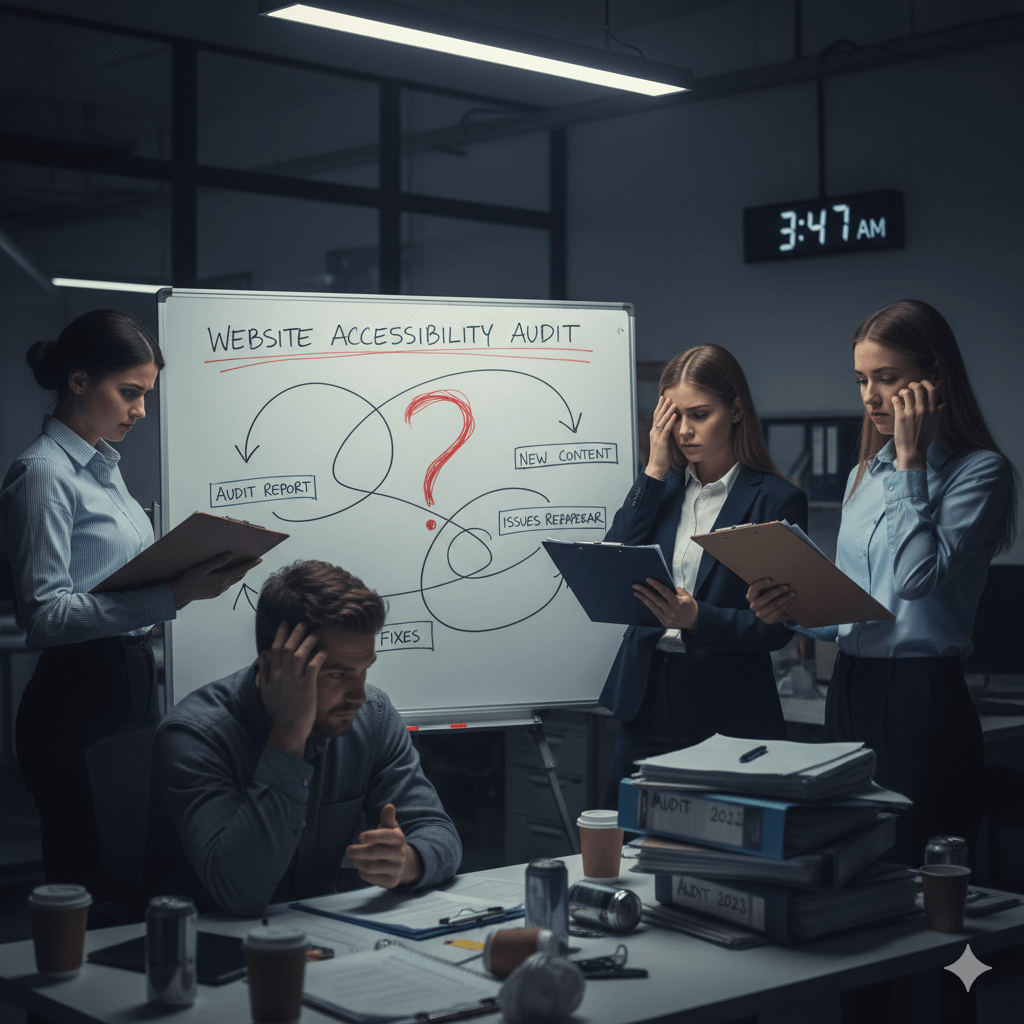 A group of people scratching their heads about accessibility compliance