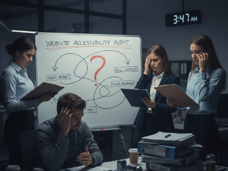 A group of people scratching their heads about accessibility compliance