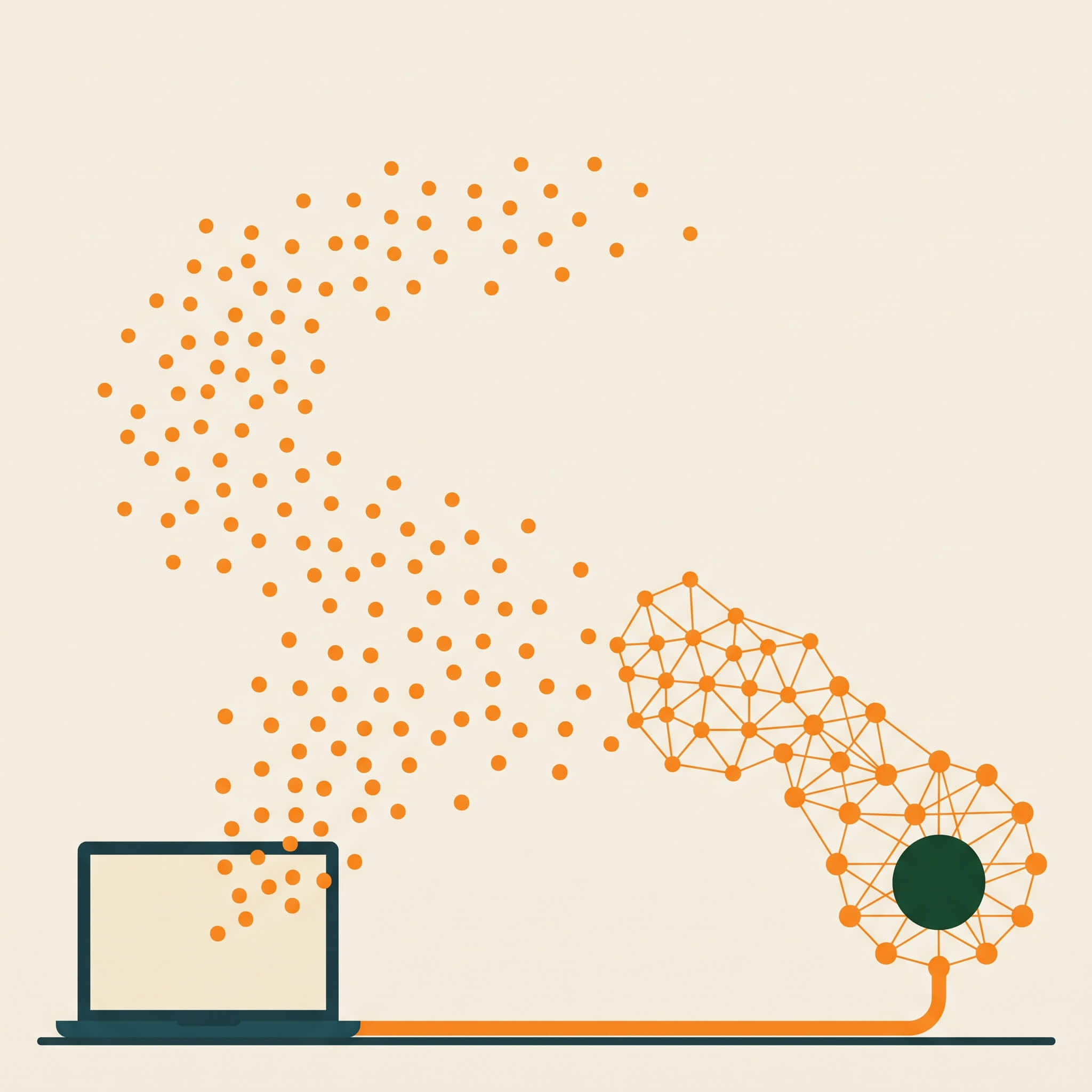 Swarm of orange dots rising from a laptop and organising into a connected network.