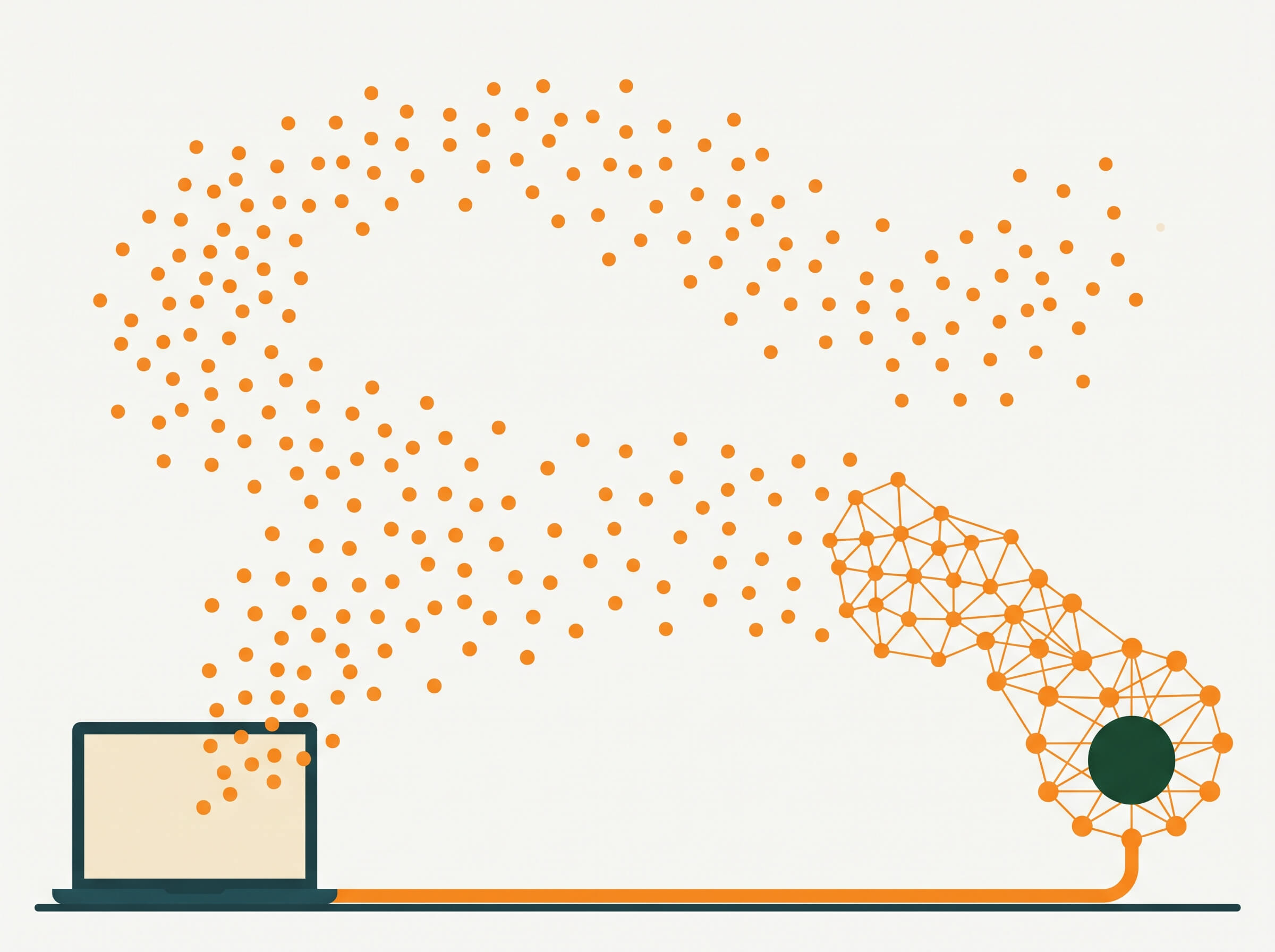 Swarm of orange dots rising from a laptop and organising into a connected network.