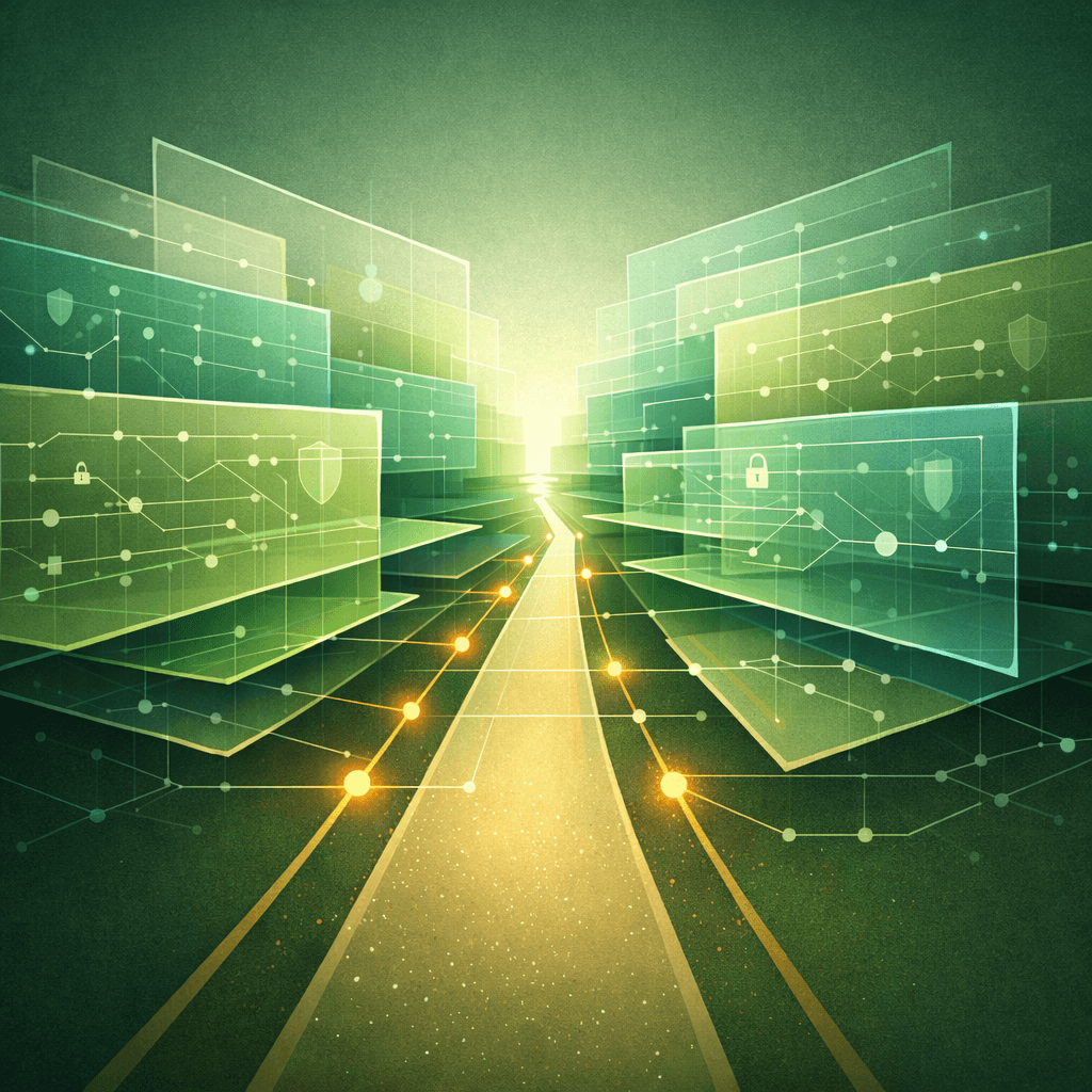 Abstract illustration of layered digital security architecture with transparent panels and a central illuminated pathway representing structured AI system controls.