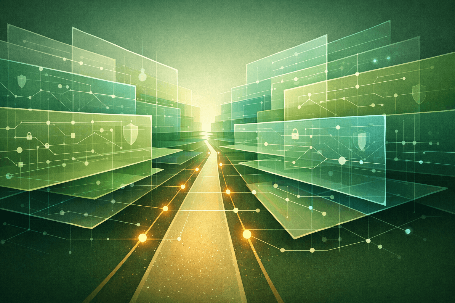 Abstract digital illustration showing multiple translucent architectural layers with circuit-like patterns and security symbols, arranged in perspective around a central illuminated pathway representing structured AI security and system governance.