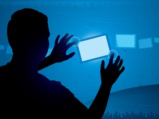 Image of a man's silhouette touching a stylised mobile screen