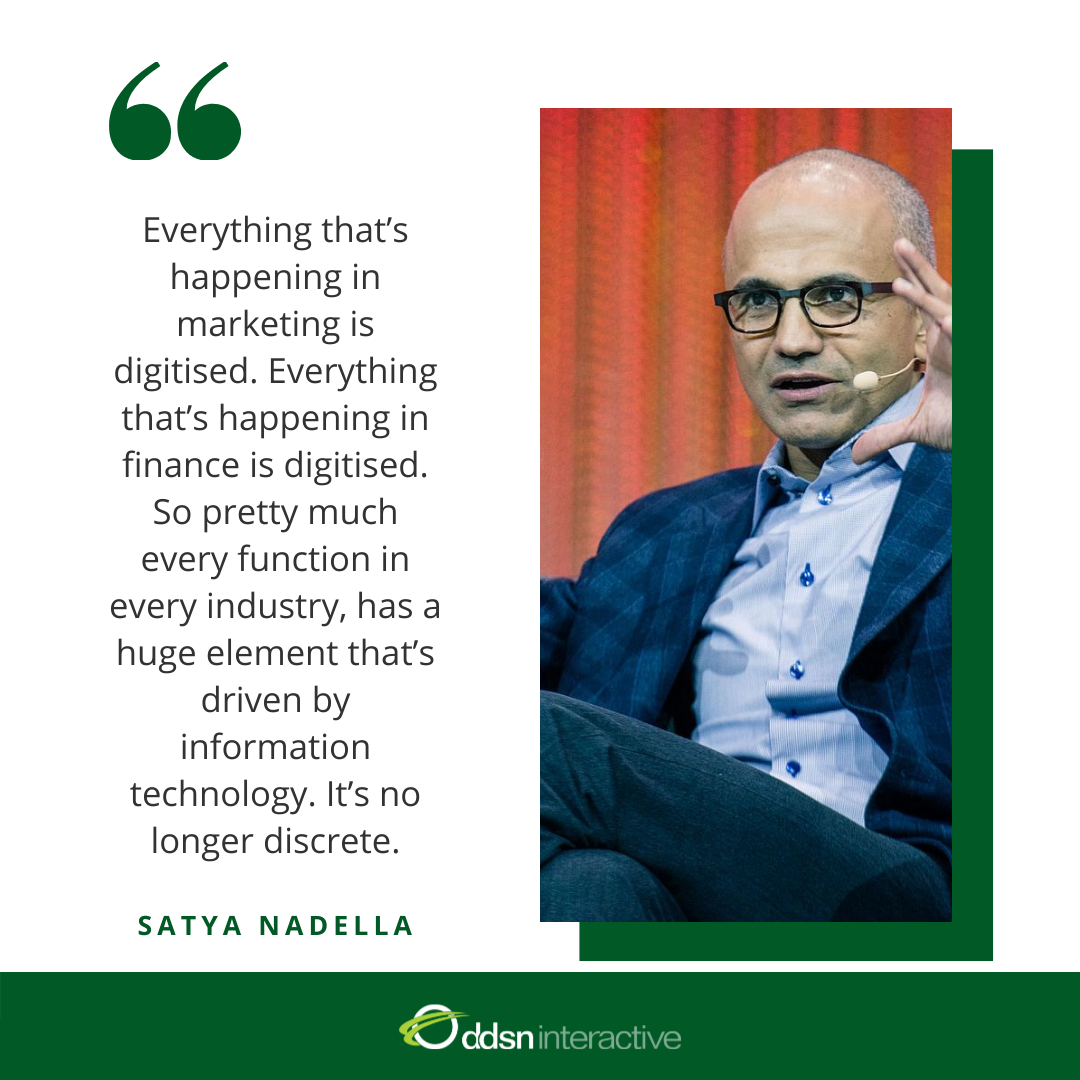 Quote - "Everything that's happening in marketing is digitized. Everything that's happening in finance is digitized. So pretty much every industry, every function in every industry, has a huge element that's driven by information technology. It's no longer discrete.” - Satya Nadella