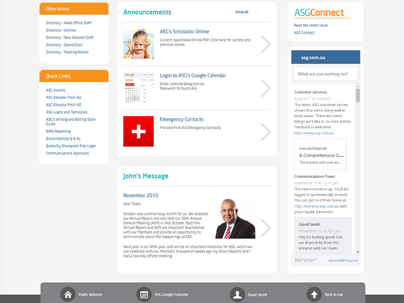 Various content elements on the ASG intranet home page