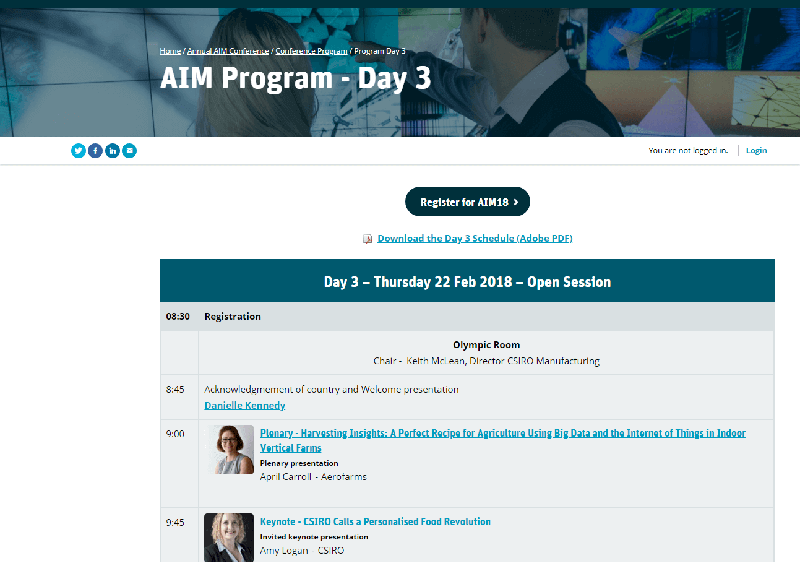 The conference program schedule is built with cm3 Acora CMS's visual tools, and automatically presented in responsive web templates as well as automatic PDF conversion.