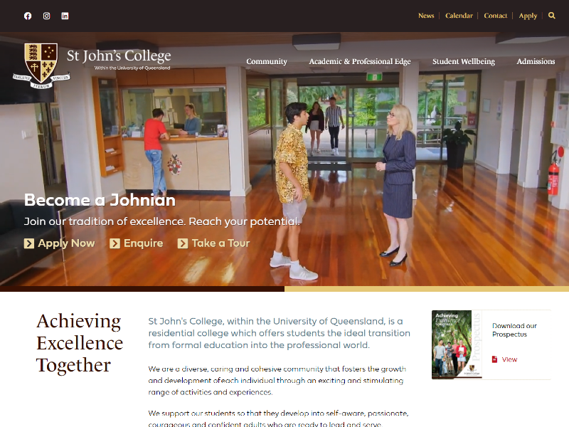 Website homepage for residential college website with video as the feature
