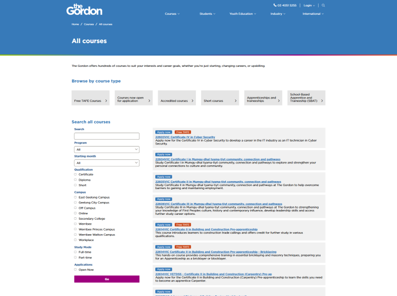 Gordon Tafe courses complex filter