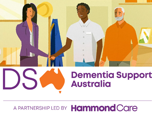 Stylised graphic of a dementia care professional shaking hands with a carer of an older person who is also in the frame, overlaid by the Dementia Support Australia logo.