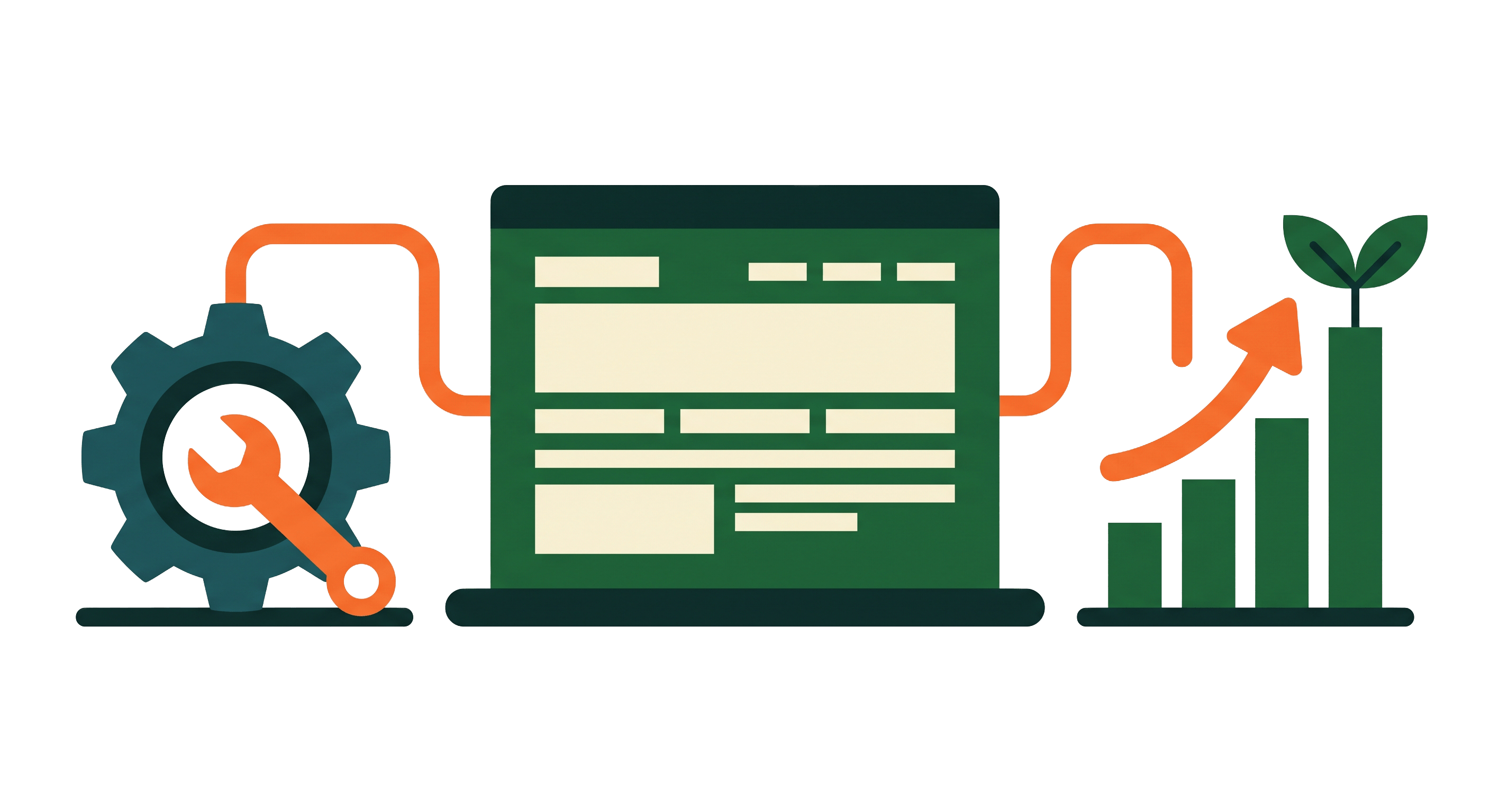 Website screen linked to a gear and spanner on one side and a rising chart sprouting new leaves on the other