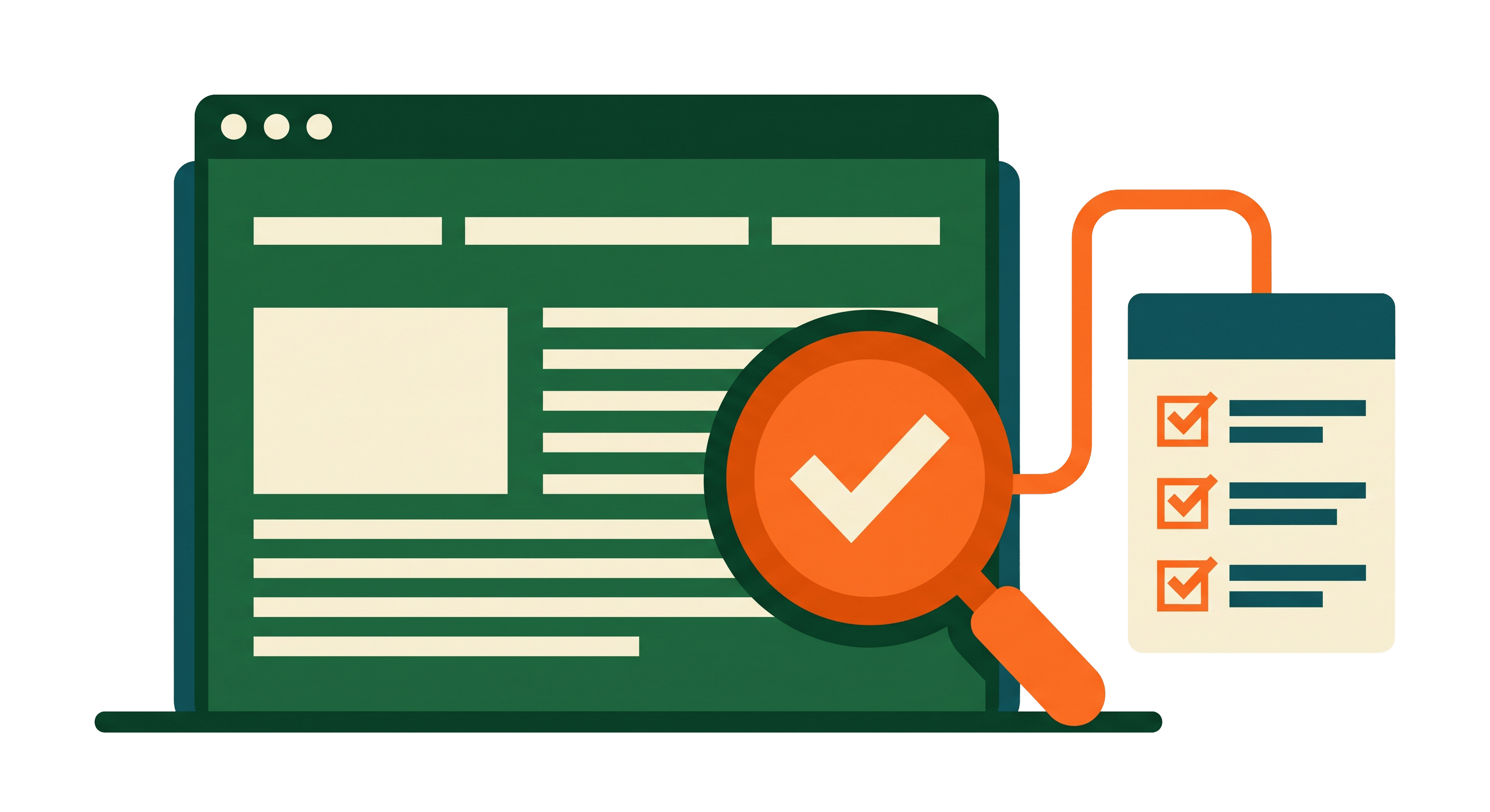 Magnifying glass with a tick scanning a webpage, linked to a checklist with every item ticked