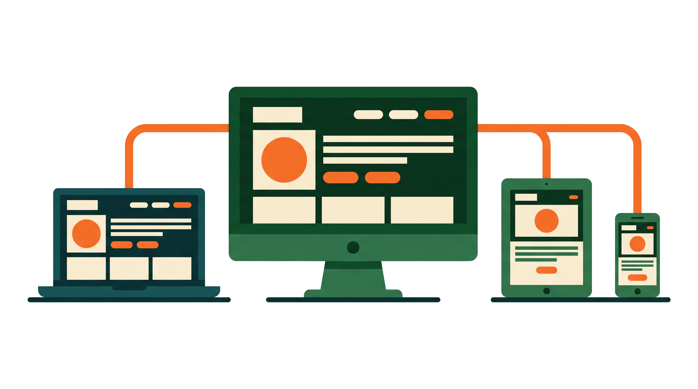 The same website displayed on a connected desktop, laptop, tablet and phone