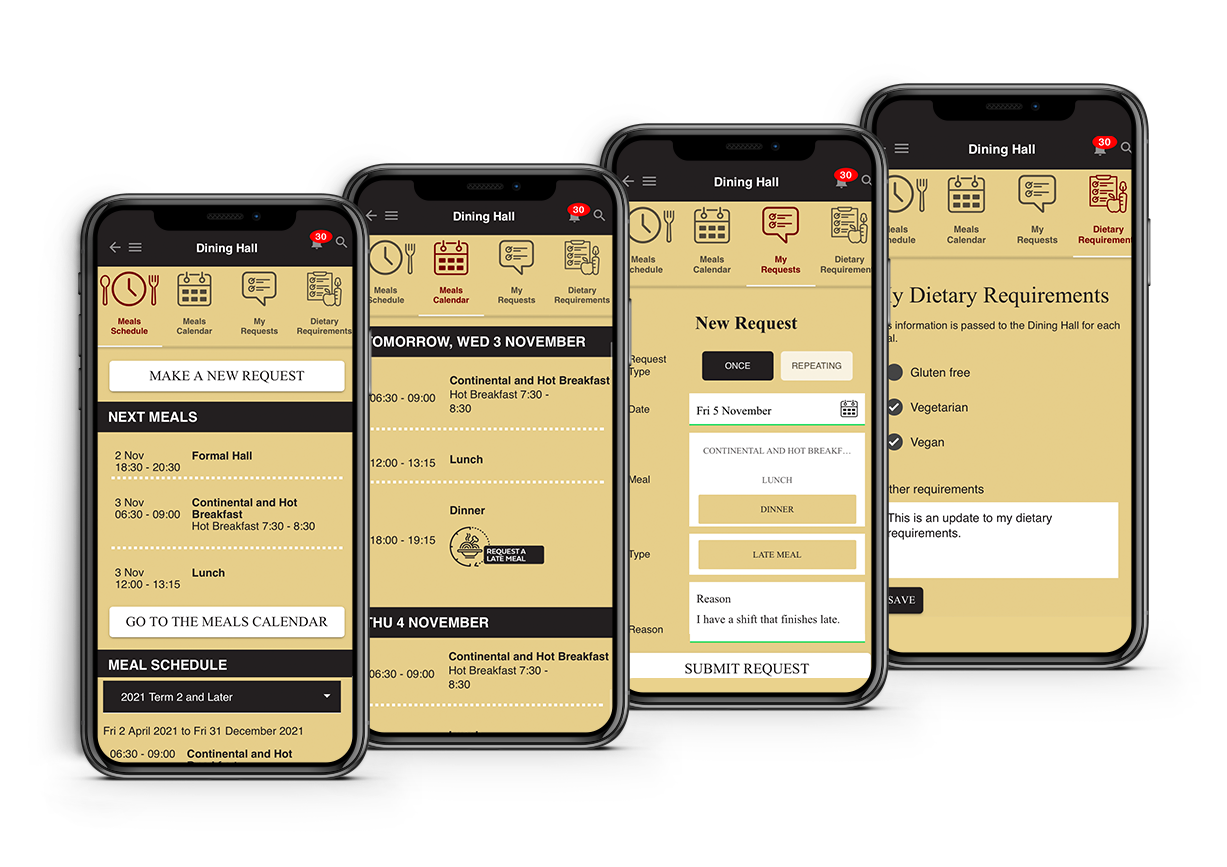 Mobile app managing student meals with dietary requirements and catering digest