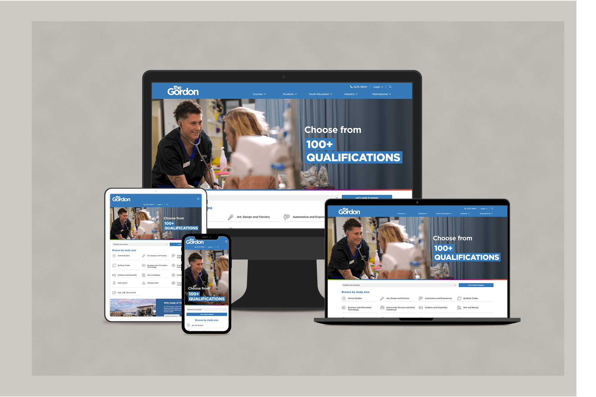 4 device sized screens displaying the Gordon TAFE website with course listing