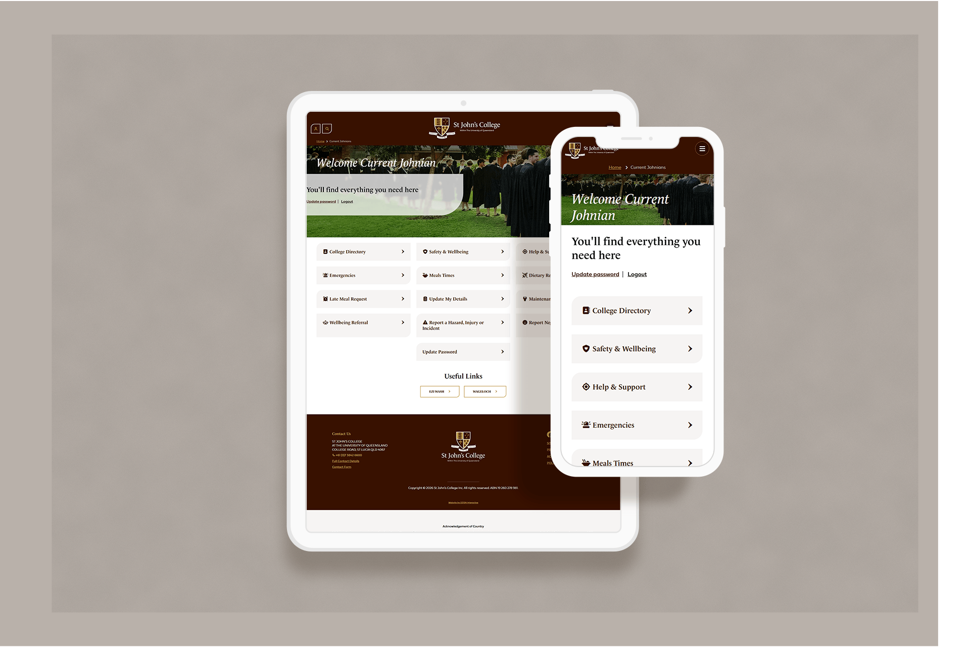 Tablet and smartphone screens displaying the St John's College Student engagement portal