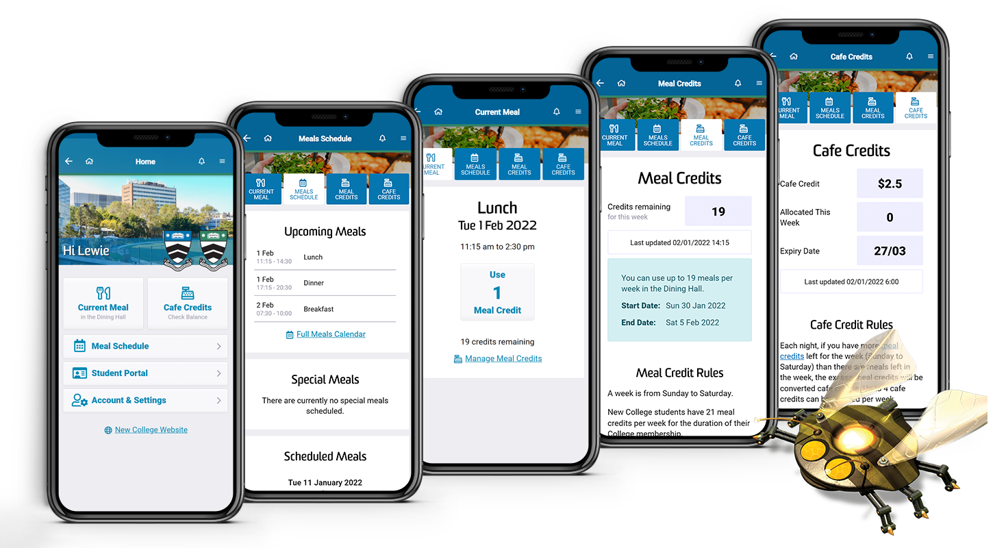 Mobile application for residential colleges including meals managment